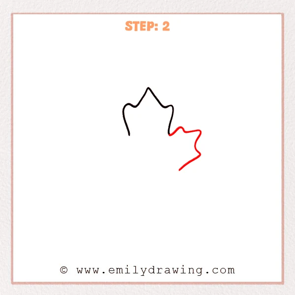 how to draw a fall leaves - Fall leaf drawing with the top outline finished and a larger wavy lobe added on the right side, while the bottom remains open.